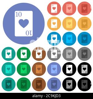Ten of hearts card multi colored flat icons on round backgrounds. Included white, light and dark icon variations for hover and active status effects, Stock Vector