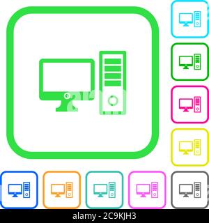 Desktop computer vivid colored flat icons in curved borders on white background Stock Vector