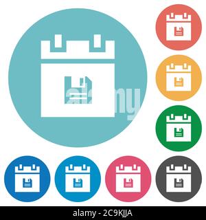 Save schedule data flat white icons on round color backgrounds Stock Vector