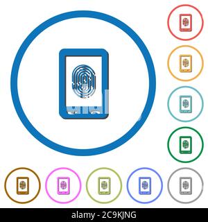 Mobile fingerprint identification flat color vector icons with shadows in round outlines on white background Stock Vector