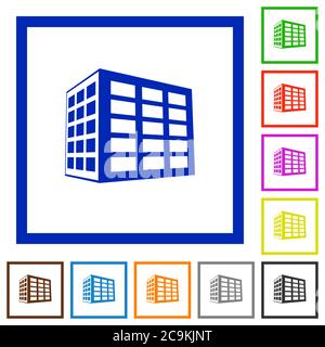 Office block flat color icons in square frames on white background Stock Vector