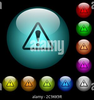 Triangle shaped warning sign icons in color illuminated spherical glass buttons on black background. Can be used to black or dark templates Stock Vector
