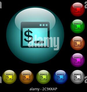 OS command terminal icons in color illuminated spherical glass buttons on black background. Can be used to black or dark templates Stock Vector