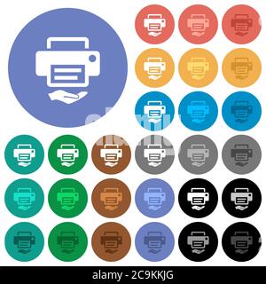 Shared printer multi colored flat icons on round backgrounds. Included white, light and dark icon variations for hover and active status effects, and Stock Vector