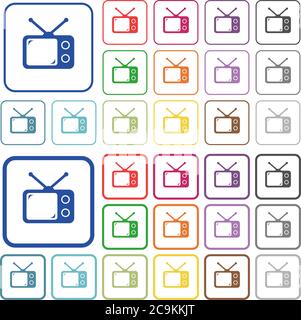 Vintage retro television color flat icons in rounded square frames. Thin and thick versions included. Stock Vector