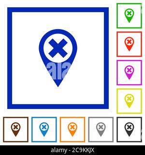 Cancel GPS map location flat color icons in square frames on white background Stock Vector