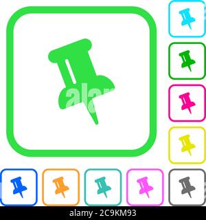 Push pin vivid colored flat icons in curved borders on white background Stock Vector