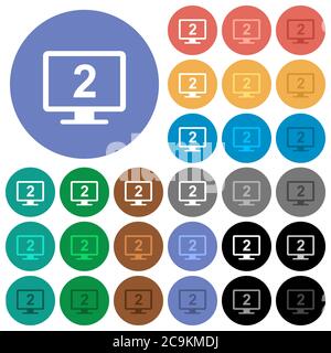 Secondary display multi colored flat icons on round backgrounds. Included white, light and dark icon variations for hover and active status effects, a Stock Vector