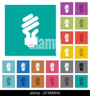 Energy saving fluorescent light bulb multi colored flat icons on plain square backgrounds. Included white and darker icon variations for hover or acti Stock Vector