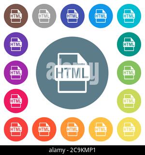 HTML file format flat white icons on round color backgrounds. 17 background color variations are included. Stock Vector