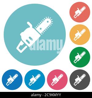 Chainsaw flat white icons on round color backgrounds Stock Vector