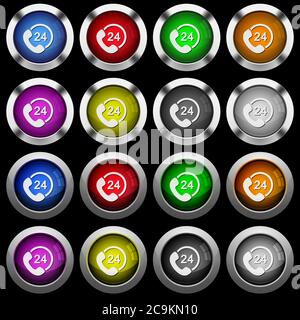 All day service white icons in round glossy buttons with steel frames on black background. The buttons are in two different styles and eight colors. Stock Vector