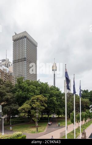 View across Hyde Park to the Sydney central business district from the ANZAC Memorial, Sydney, Australia Stock Photo