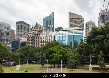 View across Hyde Park to the Sydney central business district from the ANZAC Memorial, Sydney, Australia Stock Photo