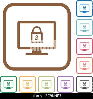 Lock screen simple icons in color rounded square frames on white background Stock Vector