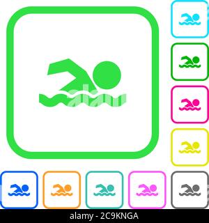 Swimming man vivid colored flat icons in curved borders on white background Stock Vector