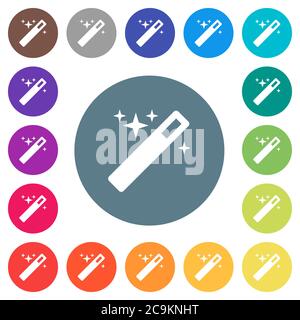 Magic wand flat white icons on round color backgrounds. 17 background color variations are included. Stock Vector