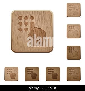 Typing security code on rounded square carved wooden button styles Stock Vector