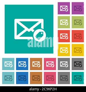 Tagging mail multi colored flat icons on plain square backgrounds. Included white and darker icon variations for hover or active effects. Stock Vector