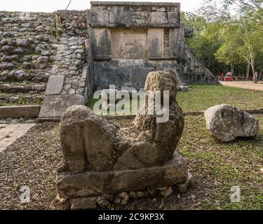 A Chac Mool statue by the Platform of Venus on the Main Plaza of the ruins of the great Mayan city of Chichen Itza, Yucatan, Mexico.   It was probably Stock Photo