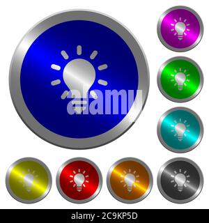 Lighting bulb icons on round luminous coin-like color steel buttons Stock Vector