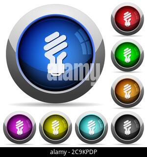 Energy saving fluorescent light bulb icons in round glossy buttons with steel frames Stock Vector