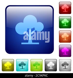 Leafy tree icons in rounded square color glossy button set Stock Vector
