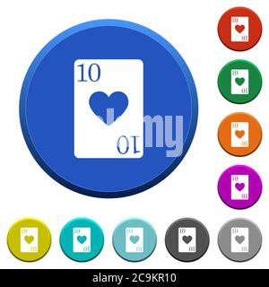 Ten of hearts card round color beveled buttons with smooth surfaces and flat white icons Stock Vector