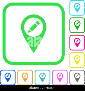 Rename GPS map location vivid colored flat icons in curved borders on white background Stock Vector