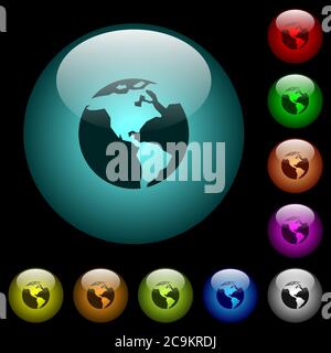 Earth icons in color illuminated spherical glass buttons on black background. Can be used to black or dark templates Stock Vector