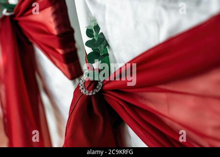 Close-up of decoration on a chair made for a wedding ceremony Stock Photo
