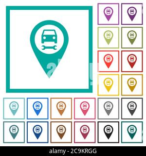 Car service GPS map location flat color icons with quadrant frames on white background Stock Vector