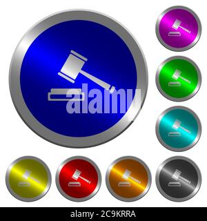 Auction hammer icons on round luminous coin-like color steel buttons Stock Vector
