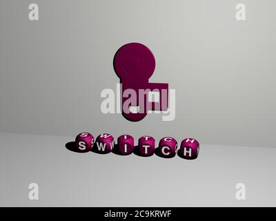 3D representation of switch with icon on the wall and text arranged by metallic cubic letters on a mirror floor for concept meaning and slideshow presentation. illustration and background Stock Photo