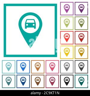 Vehicle GPS map location flat color icons with quadrant frames on white background Stock Vector