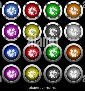 Audio CD white icons in round glossy buttons with steel frames on black background. The buttons are in two different styles and eight colors. Stock Vector