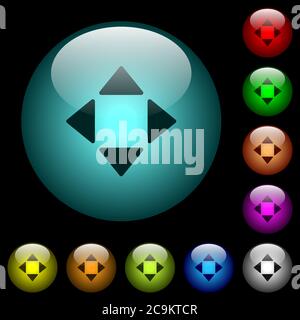 Control arrows icons in color illuminated spherical glass buttons on black background. Can be used to black or dark templates Stock Vector