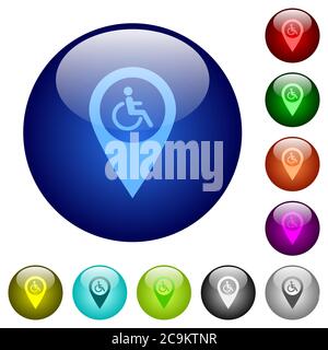 Disability accessibility GPS map location icons on round color glass buttons Stock Vector