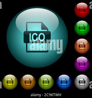 ICO file format icons in color illuminated spherical glass buttons on black background. Can be used to black or dark templates Stock Vector