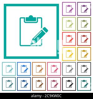 Blank notepad with pencil flat color icons with quadrant frames on white background Stock Vector