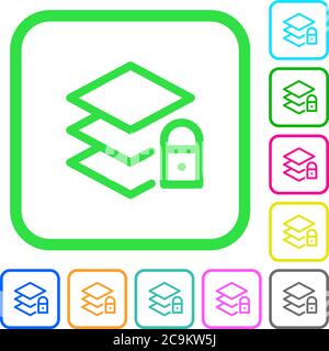 Locked layers vivid colored flat icons in curved borders on white background Stock Vector