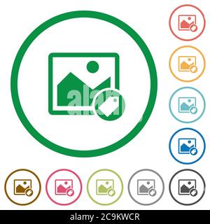 Image tagging flat color icons in round outlines on white background Stock Vector