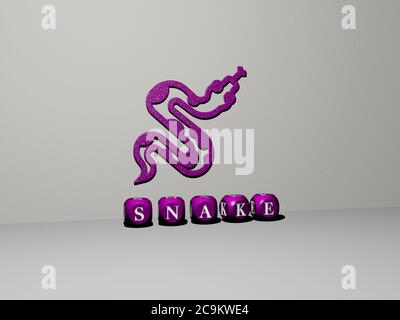 3D graphical image of SNAKE vertically along with text built by metallic cubic letters from the top perspective, excellent for the concept presentation and slideshows. illustration and animal Stock Photo