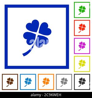 Four leaf clover flat color icons in square frames on white background Stock Vector