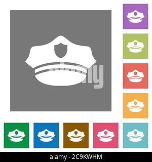 Police hat flat icons on simple color square backgrounds Stock Vector
