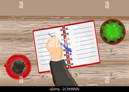 Top view male hand, notebook, work desk with coffee and flower pot. Left handed concept with copy space. International lefthanders day. Stock vector Stock Vector
