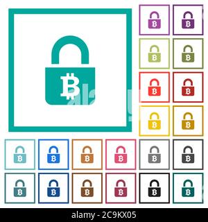 Locked Bitcoins flat color icons with quadrant frames on white background Stock Vector