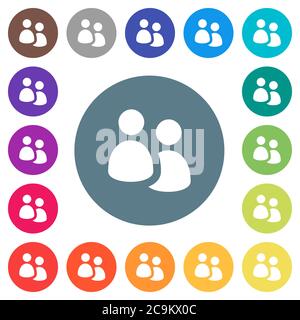 User group flat white icons on round color backgrounds. 17 background color variations are included. Stock Vector