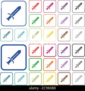 Sword color flat icons in rounded square frames. Thin and thick versions included. Stock Vector