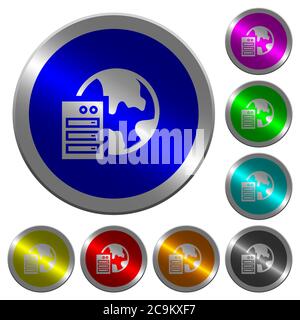Web hosting icons on round luminous coin-like color steel buttons Stock Vector
